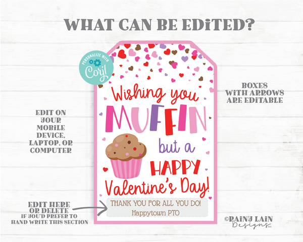 Muffin Valentine Tag Muffin But a Happy Valentine's Day Gift Printable Appreciation Co-Worker Staff Preschool Classroom Non-Candy Teacher
