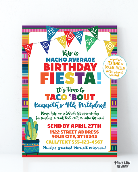 Nacho Average Birthday Fiesta Invitation, Virtual Fiesta, Birthday by Mail, Taco Bout Quarantine Party Stay at Home Party, Social Distancing