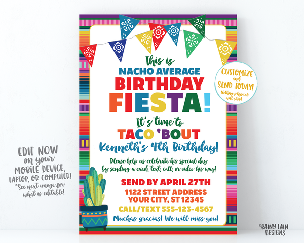 Nacho Average Birthday Fiesta Invitation, Virtual Fiesta, Birthday by Mail, Taco Bout Quarantine Party Stay at Home Party, Social Distancing