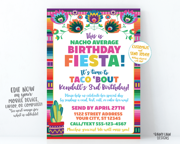 Nacho Average Birthday Fiesta Invitation, Birthday by Mail, Virtual Fiesta, Taco Bout Quarantine Party Stay at Home Party, Social Distancing