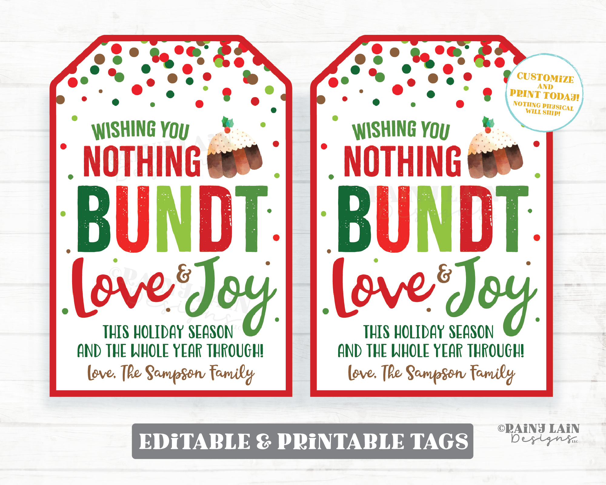 Bundt Joy and Love Christmas Bundt Cake Tags Holiday Gift Tags Appreciation Favor Homemade Hostess Neighbor Employee Staff Teacher Thank you