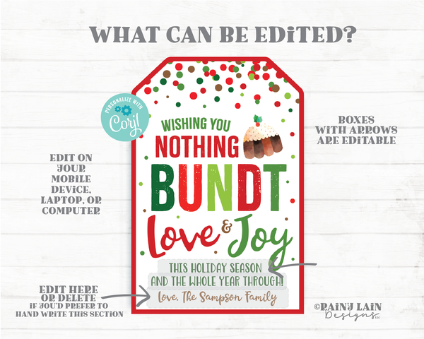 Bundt Joy and Love Christmas Bundt Cake Tags Holiday Gift Tags Appreciation Favor Homemade Hostess Neighbor Employee Staff Teacher Thank you