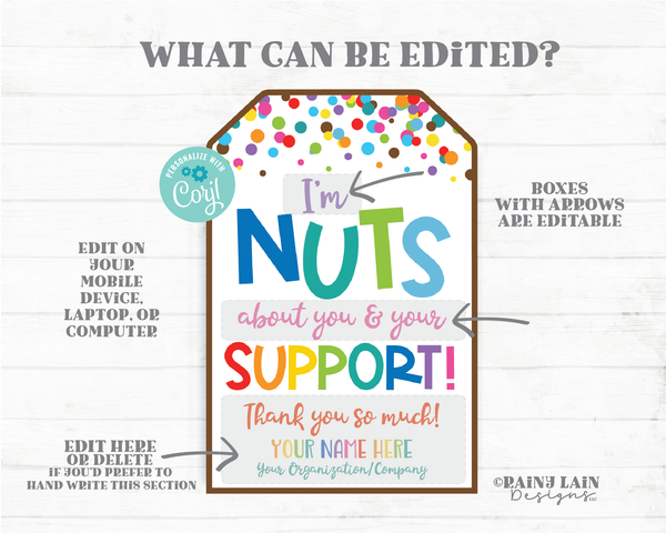 I'm Nuts about You and Your support Tags We're Nuts Fundraiser Thank You Nuts and Candy Fundraiser Editable Fundraising Gift Tag Printable