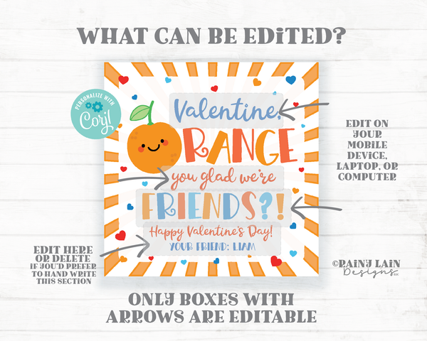 Orange Valentine Tags You Glad We're Friends Cutie Clementine Tangerine Classroom Preschool Printable Editable Easy Kids Non-Candy Valentine