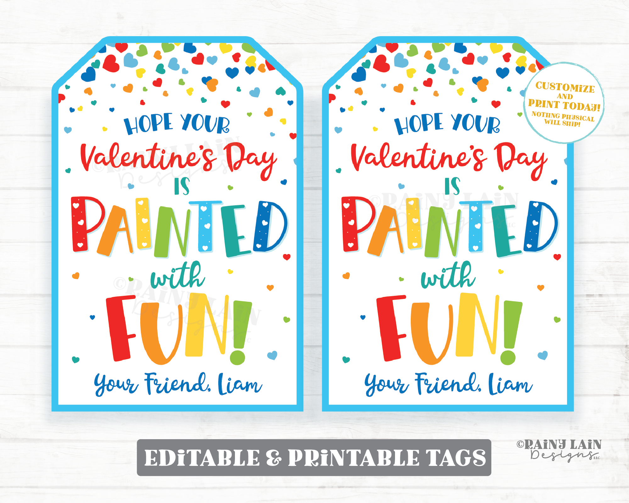 Painted with Fun Valentine Painting Palette Art Paint Brush Valentine's Day Gift Tag Preschool Classroom Non-Candy Printable Editable Tag