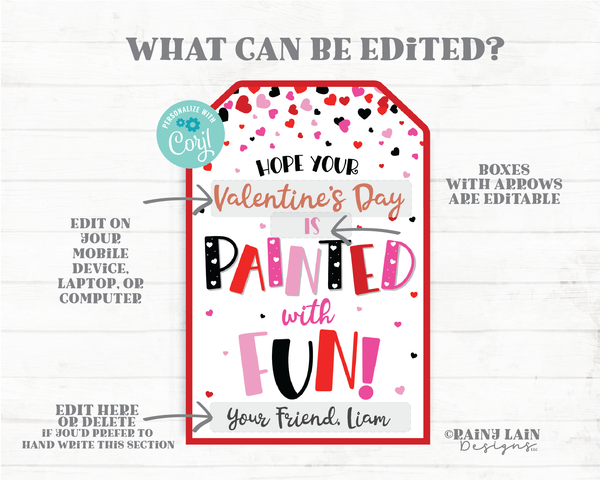 Painted with Fun Valentine Tag Art Paint Brush Painting Palette  Valentine's Day Gift Classroom Editable Preschool Non-Candy Printable Tag