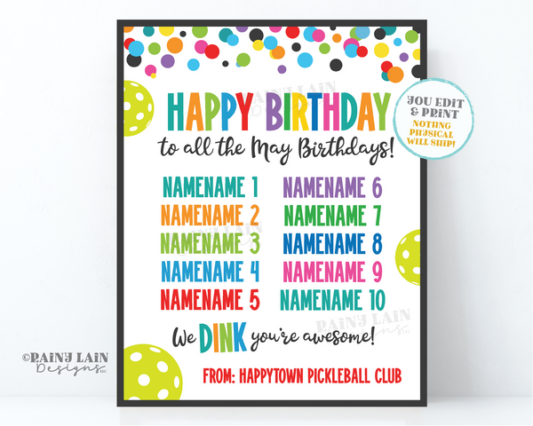 Pickleball Birthday Sign We Dink You're Awesome Sign Pickle Ball Printable Sign Club President Board Member Teammate Player Partner Editable