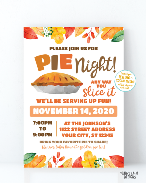 Pie Night Invitation, Pie Fundraiser Flyer, Pie and Wine, Pie and Cocktails Friendsgiving Thanksgiving Pie Making Contest Pie Eating Contest