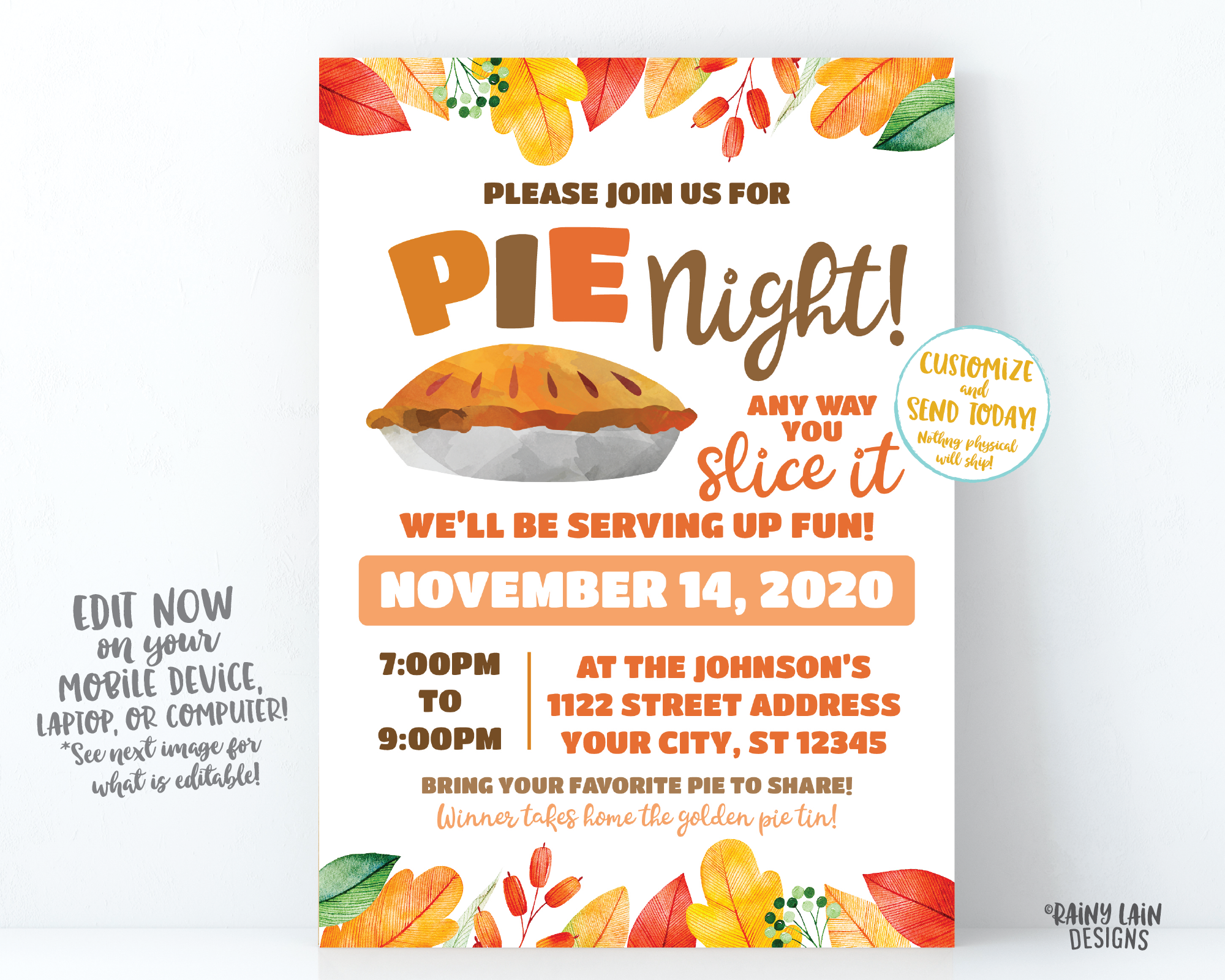 Pie Night Invitation, Pie Fundraiser Flyer, Pie and Wine, Pie and Cocktails Friendsgiving Thanksgiving Pie Making Contest Pie Eating Contest
