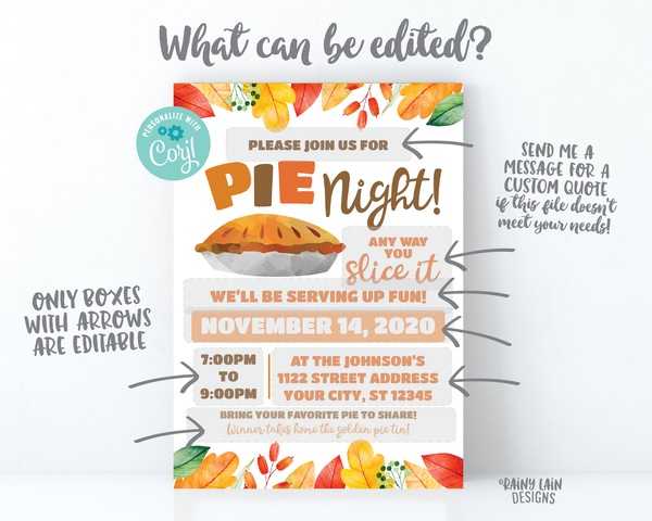 Pie Night Invitation, Pie Fundraiser Flyer, Pie and Wine, Pie and Cocktails Friendsgiving Thanksgiving Pie Making Contest Pie Eating Contest