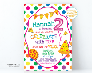 Pizza Party Invitation 2nd Birthday Invite Turning 2 Two Year Second Polka Dots Rainbow Pink Balloon Editable Digital Printable Colorful