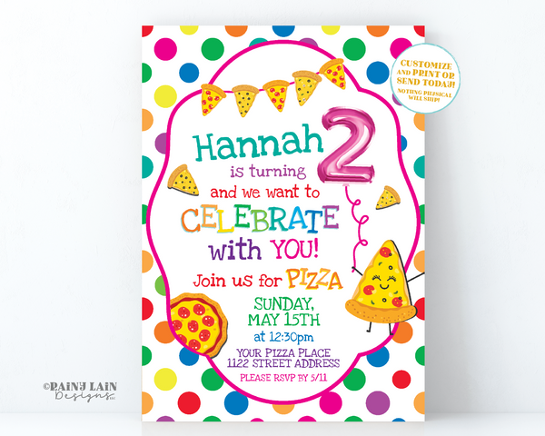 Pizza Party Invitation 2nd Birthday Invite Turning 2 Two Year Second Polka Dots Rainbow Pink Balloon Editable Digital Printable Colorful