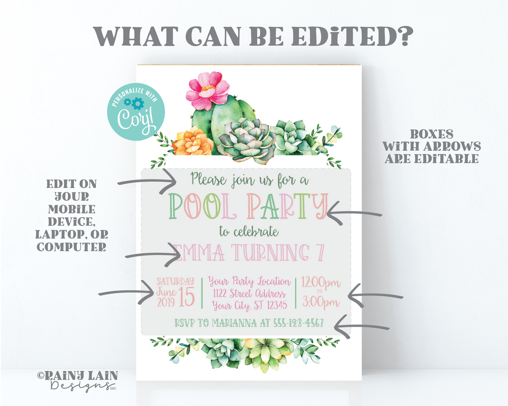 succulent bridal shower invites Cactus Pool Party Invitation, Succulent Birthday Invitation, Cacti, Succulents, Fiesta Pool Party, Succulent Pool Party, Cactus Invitation