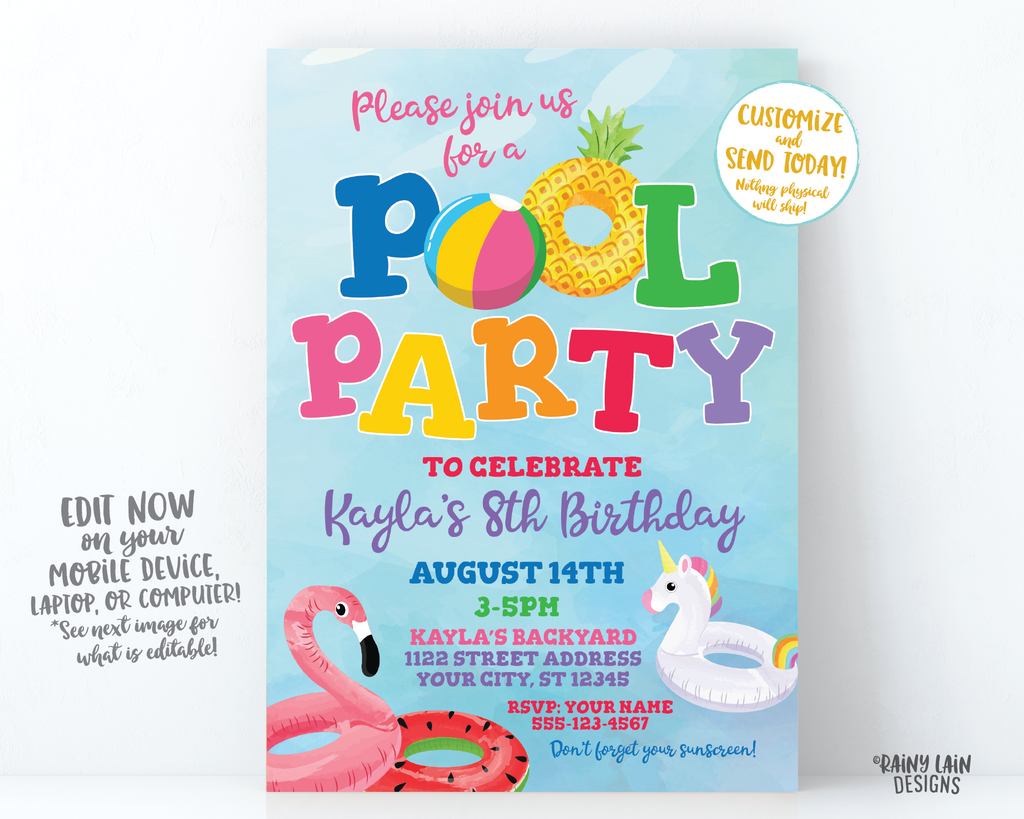 Pool Day Invitations Pool Birthday Invitation Ideas NEON POOL PARTY Digital Invitation