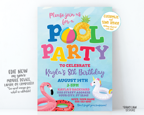 Pool Party Invitation Summer Birthday Party Invitation Pool Birthday Party Invite Flamingo Pool Float Watermelon Unicorn Pineapple Digital