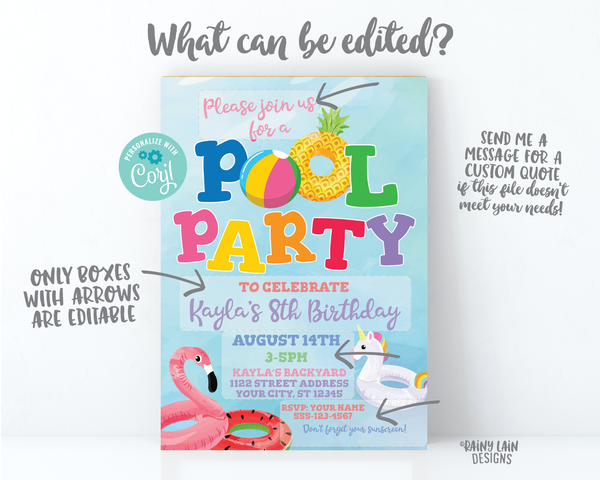 Pool Party Invitation Summer Birthday Party Invitation Pool Birthday Party Invite Flamingo Pool Float Watermelon Unicorn Pineapple Digital