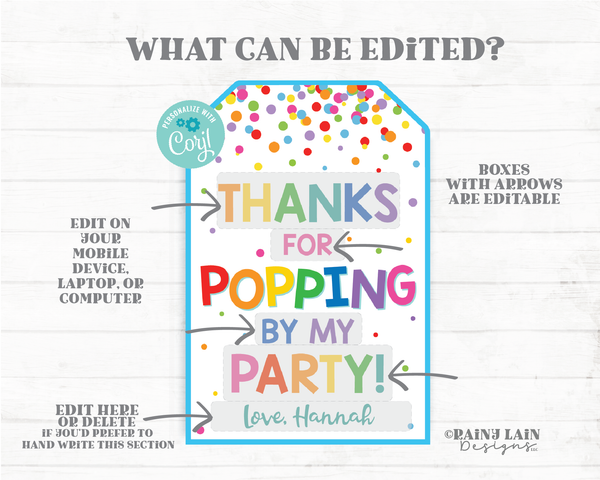 Thanks for Popping by my Party tag Birthday favor tag pop party favor tags fidget toy popcorn tags printable birthday party favor editable