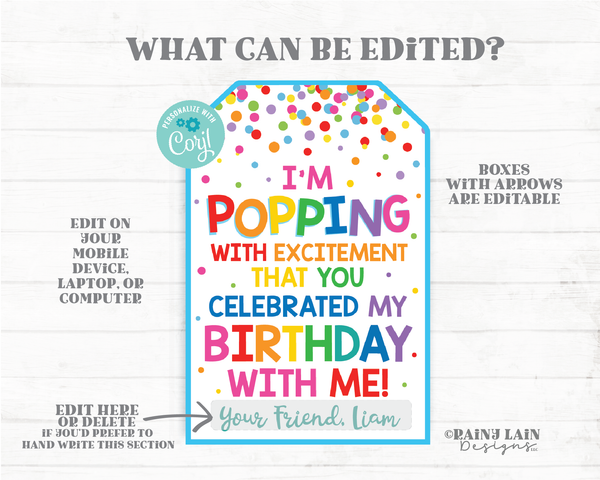 I'm popping with excitement that you celebrated my birthday with me, pop fidget toy birthday favor, pop party favor tags, popcorn tags