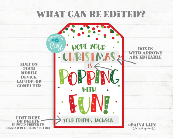 Christmas Pop It Gift Tag Popping with Fun Poppin Holiday Popit Fidget Toys Student Classroom Preschool Kids Popcorn Ball Editable Tag