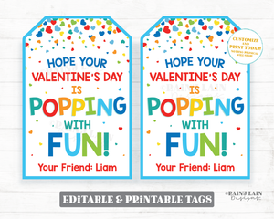 Popping with Fun Tag Pop Fidget Toy Valentine Pop Gift Tag Popcorn Gift Preschool Classroom Printable Kids Editable Non-Candy Valentine Tag