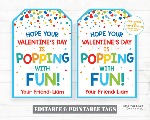 Popping with Fun Tag Pop Fidget Toy Valentine Pop Gift Tag Popcorn Gift Preschool Classroom Printable Kids Editable Non-Candy Valentine Tag