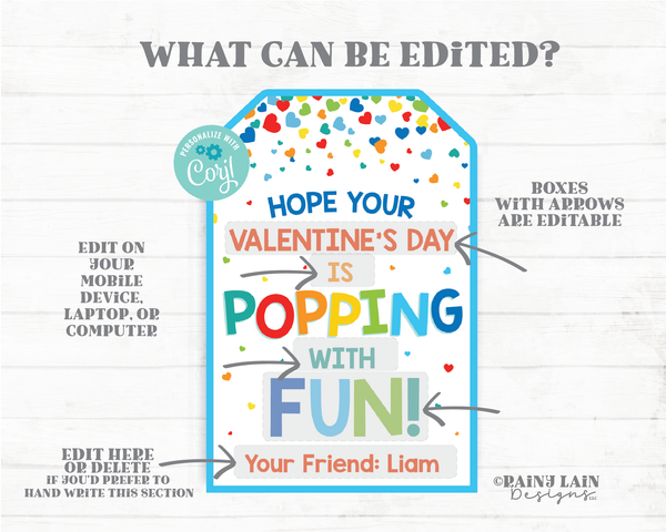 Popping with Fun Tag Pop Fidget Toy Valentine Pop Gift Tag Popcorn Gift Preschool Classroom Printable Kids Editable Non-Candy Valentine Tag