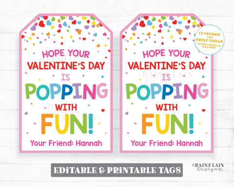Valentine Pop Gift Tag Popping with Fun Tag Pop Fidget Toy Popcorn Gift Preschool Classroom Printable Kids Editable Non-Candy Valentine Tag