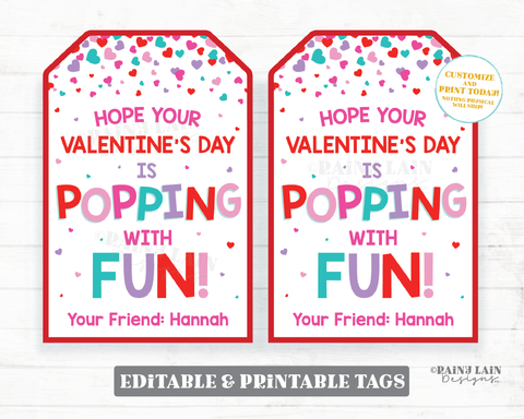 Pop Fidget Valentine Pop Gift Tag Popping with Fun Tag Pop Toy Preschool Classroom Printable Kids Non-Candy Valentine Tag Popcorn Editable