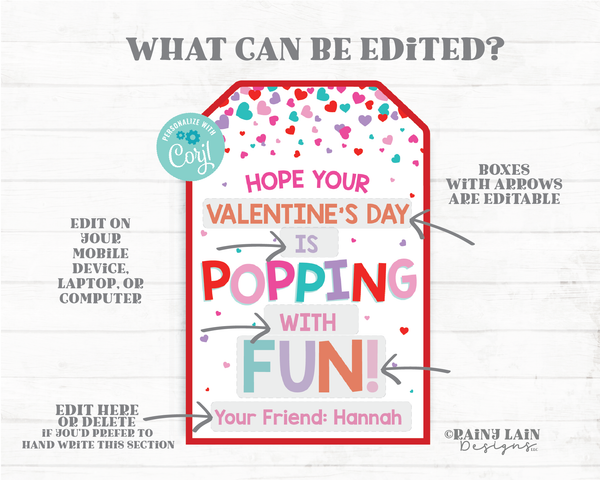 Pop Fidget Valentine Pop Gift Tag Popping with Fun Tag Pop Toy Preschool Classroom Printable Kids Non-Candy Valentine Tag Popcorn Editable