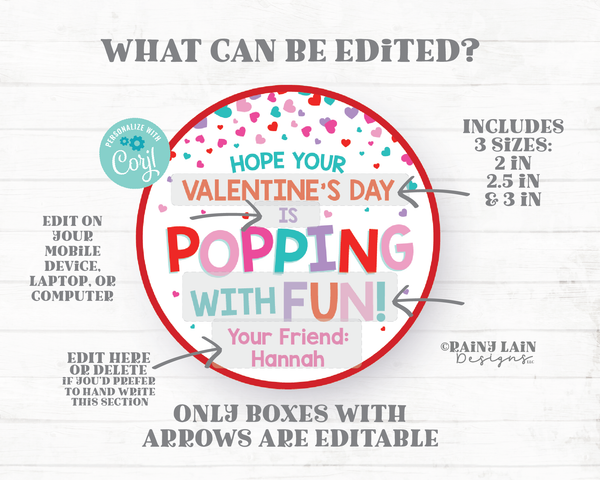 Popping with Fun Tag Valentine Pop Fidget Toy Pop Popcorn Gift Tag Preschool Editable Classroom Printable Kids Non-Candy Valentine Tag
