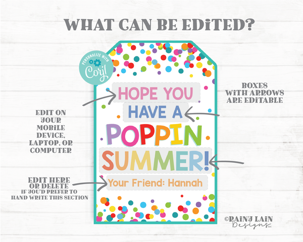 Hope You Have a Poppin Summer Tags End of School Year Gift Tags Popcorn Pop Fidget Preschool Classroom Printable Kids Teacher Favor