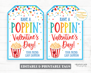 Popcorn Valentine Tag Poppin Valentine's Day Homemade Popcorn Snack Mix Gift Tag Caramel Corn Preschool Classroom Printable Kids Non-Candy