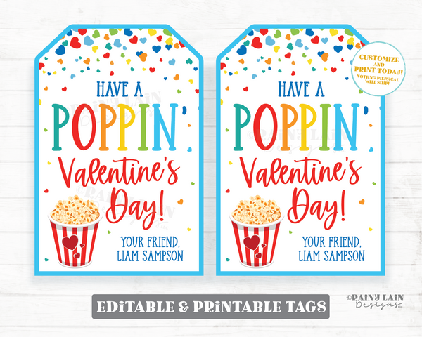 Popcorn Valentine Tag Poppin Valentine's Day Homemade Popcorn Snack Mix Gift Tag Caramel Corn Preschool Classroom Printable Kids Non-Candy