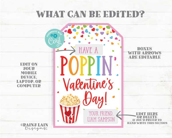 Poppin Valentine's Day Tag Popcorn Valentine Homemade Popcorn Snack Mix Gift Tag Caramel Corn Classroom Preschool Printable Kids Non-Candy
