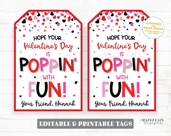 Poppin with Fun Tag Pop Fidget Toy Valentine Pop Gift Tag Popcorn Popping with Love Preschool Classroom Printable Kids Editable Non-Candy