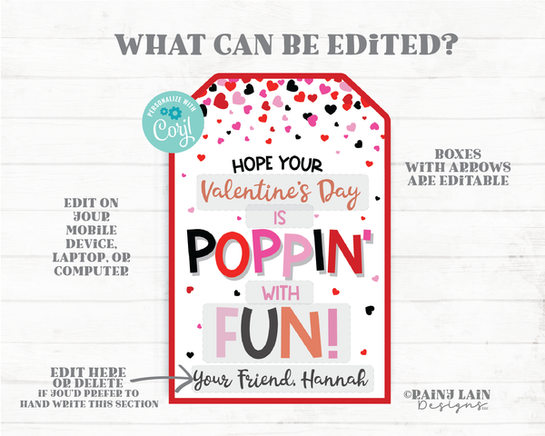Poppin with Fun Tag Pop Fidget Toy Valentine Pop Gift Tag Popcorn Popping with Love Preschool Classroom Printable Kids Editable Non-Candy