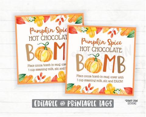 Pumpkin Hot Cocoa Bomb Tag, Editable Cocoa Bomb Tags, Pumpkin Spice Hot Chocolate Bomb Tags, Fall Gift Tags, Pumpkin Tag Autumn Thanksgiving