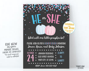 Little Pumpkin Gender Reveal Invitation Fall Gender Reveal What will our little pumpkin be gender reveal pink and blue confetti chalkboard
