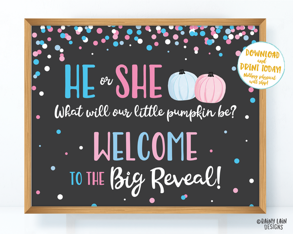 Pumpkin Gender Reveal Old Wives Tales Sign He or She What Will Our Little Pumpkin Be Voting Poster Welcome Sign Pink Blue Fall Chalkboard