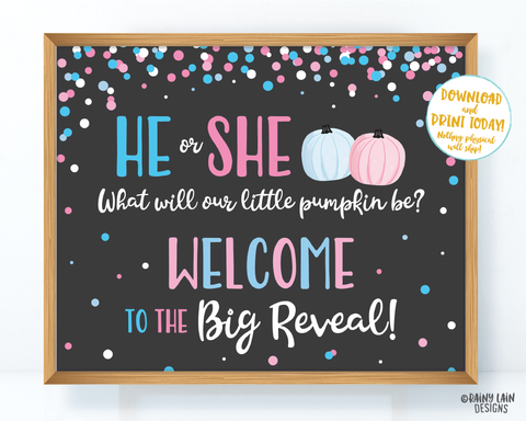 Pumpkin Gender Reveal Welcome to the Big Reveal Sign, Fall Gender Reveal Welcome Sign, Gender Reveal Sign, Reveal Poster, Pink pumpkins blue