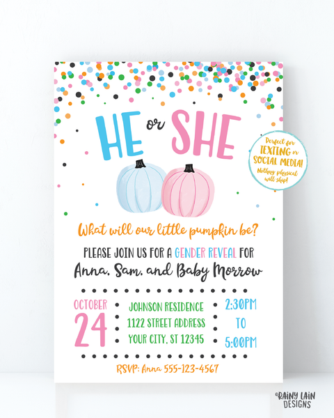 Little Pumpkin Gender Reveal Invitation Fall Gender Reveal What will our little pumpkin be gender reveal pink blue orange green confetti