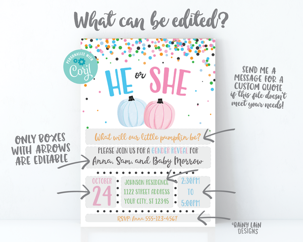 Little Pumpkin Gender Reveal Invitation Fall Gender Reveal What will our little pumpkin be gender reveal pink blue orange green confetti