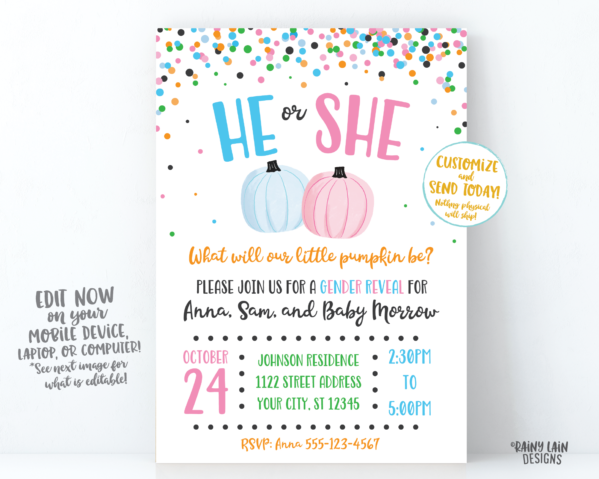 Little Pumpkin Gender Reveal Invitation Fall Gender Reveal What will our little pumpkin be gender reveal pink blue orange green confetti