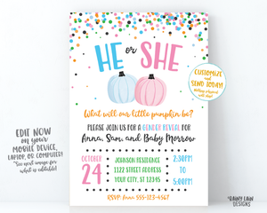 Little Pumpkin Gender Reveal Invitation Fall Gender Reveal What will our little pumpkin be gender reveal pink blue orange green confetti