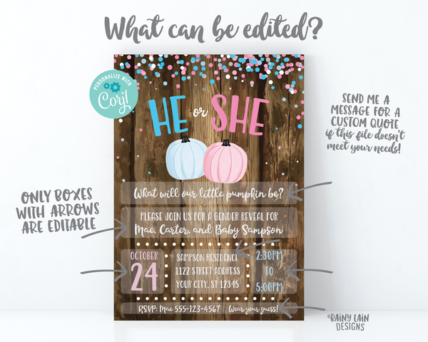 Little Pumpkin Gender Reveal Invitation Fall Gender Reveal What will our little pumpkin be gender reveal pink and blue confetti wood rustic