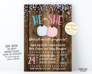 Little Pumpkin Gender Reveal Invitation Fall Gender Reveal What will our little pumpkin be gender reveal pink and blue confetti wood rustic