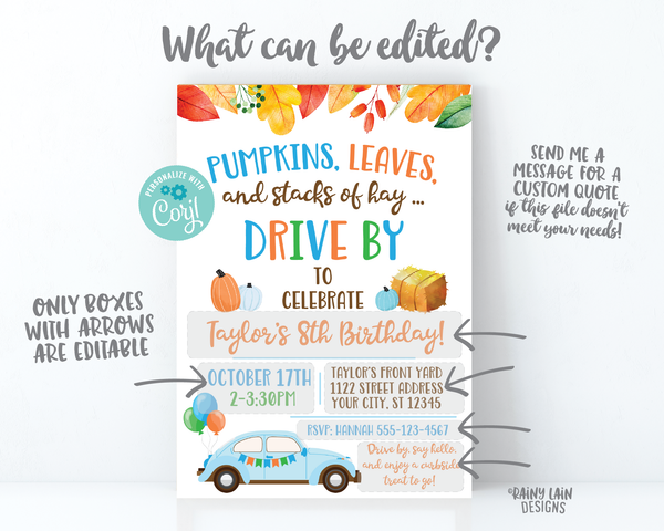 Fall Drive By Birthday Invitation Autumn Drive By Birthday Party Fall Leaves Autumn Leaves Drive Through Boy Pumpkins Leaves Stacks of Hay