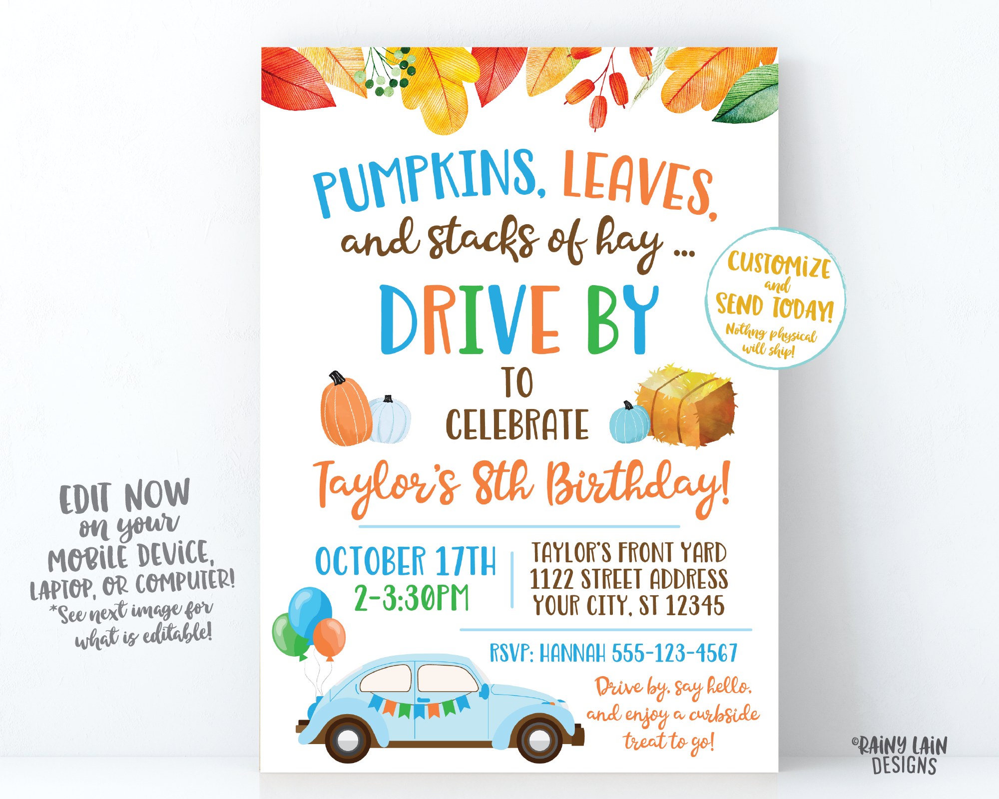 Fall Drive By Birthday Invitation Autumn Drive By Birthday Party Fall Leaves Autumn Leaves Drive Through Boy Pumpkins Leaves Stacks of Hay