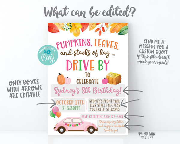 Fall Drive By Birthday Invitation Autumn Drive By Birthday Party Fall Leaves Autumn Leaves Drive Through Girl Pumpkins Leaves Stacks of Hay