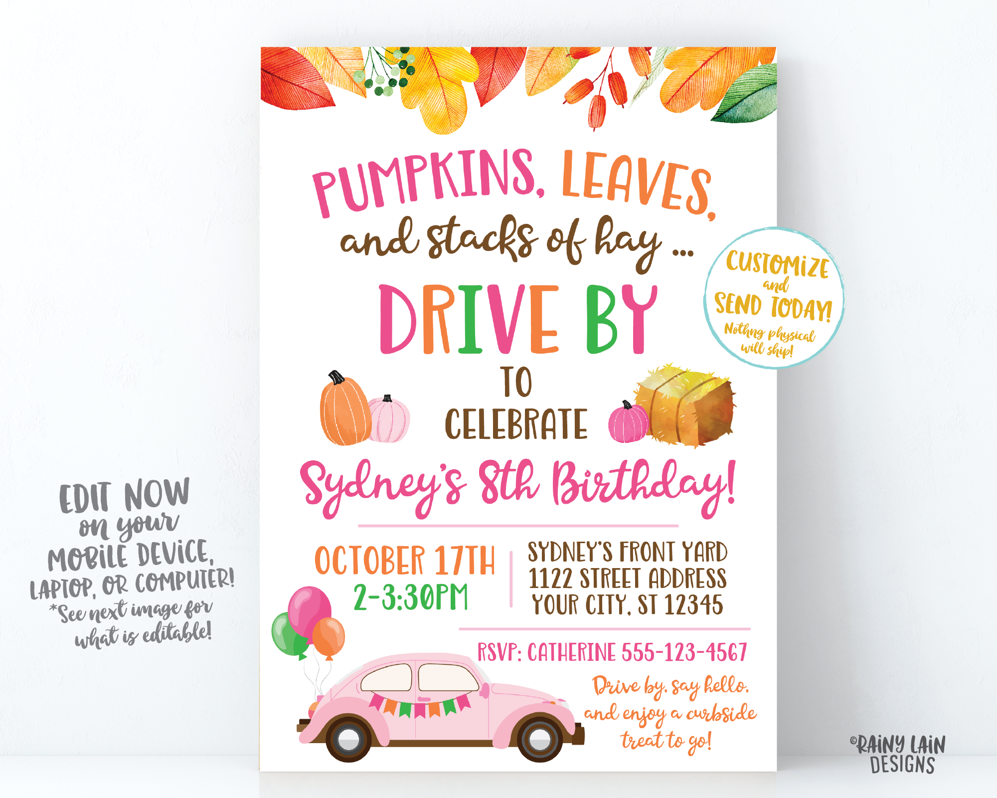 Fall Drive By Birthday Invitation Autumn Drive By Birthday Party Fall Leaves Autumn Leaves Drive Through Girl Pumpkins Leaves Stacks of Hay